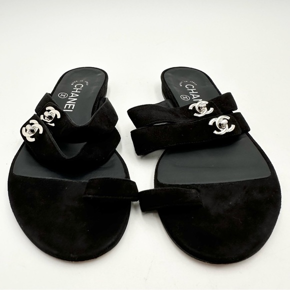 Chanel Turnlock Interlocking CC Suede Triple Strap Flat Sandals - Picture 3 of 10